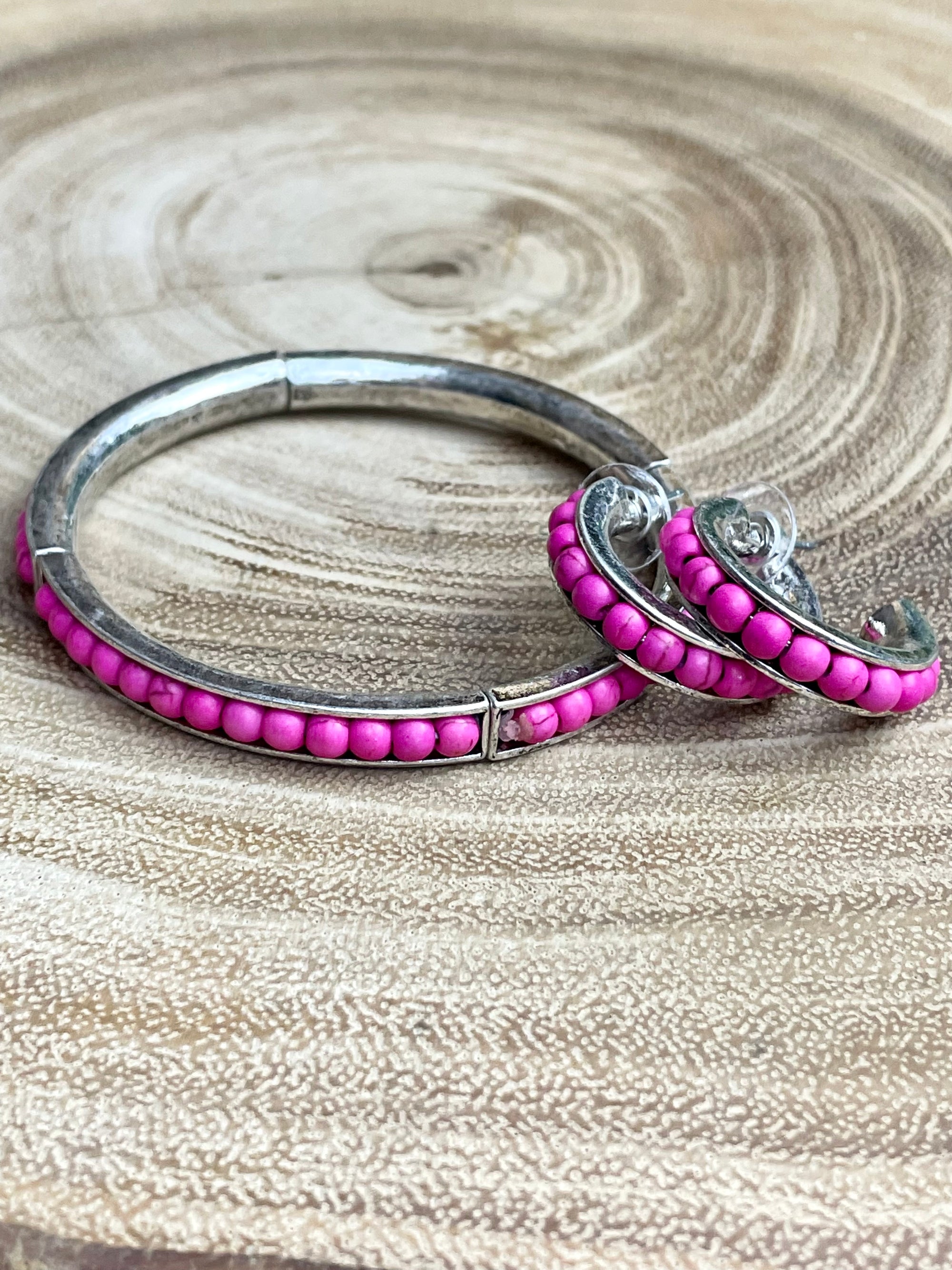 Stacked Bead Stretch Bracelet & Earrings - Silver/Pink