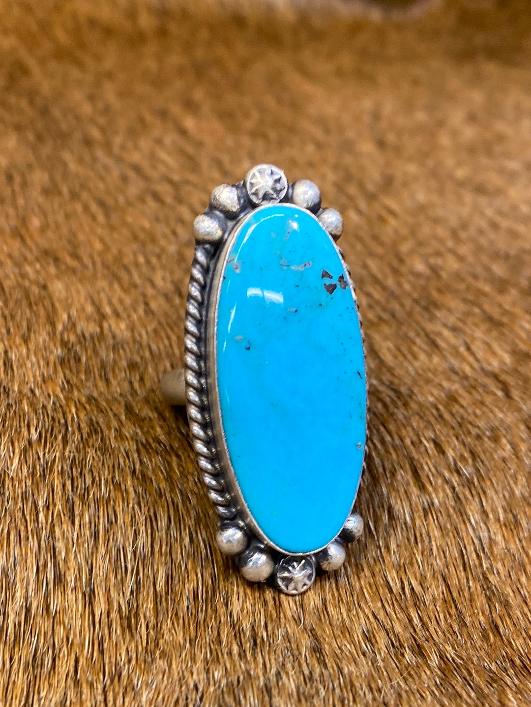 Basil Sterling Burst Framed Oval Kingman Turquoise Ring - Adjustable