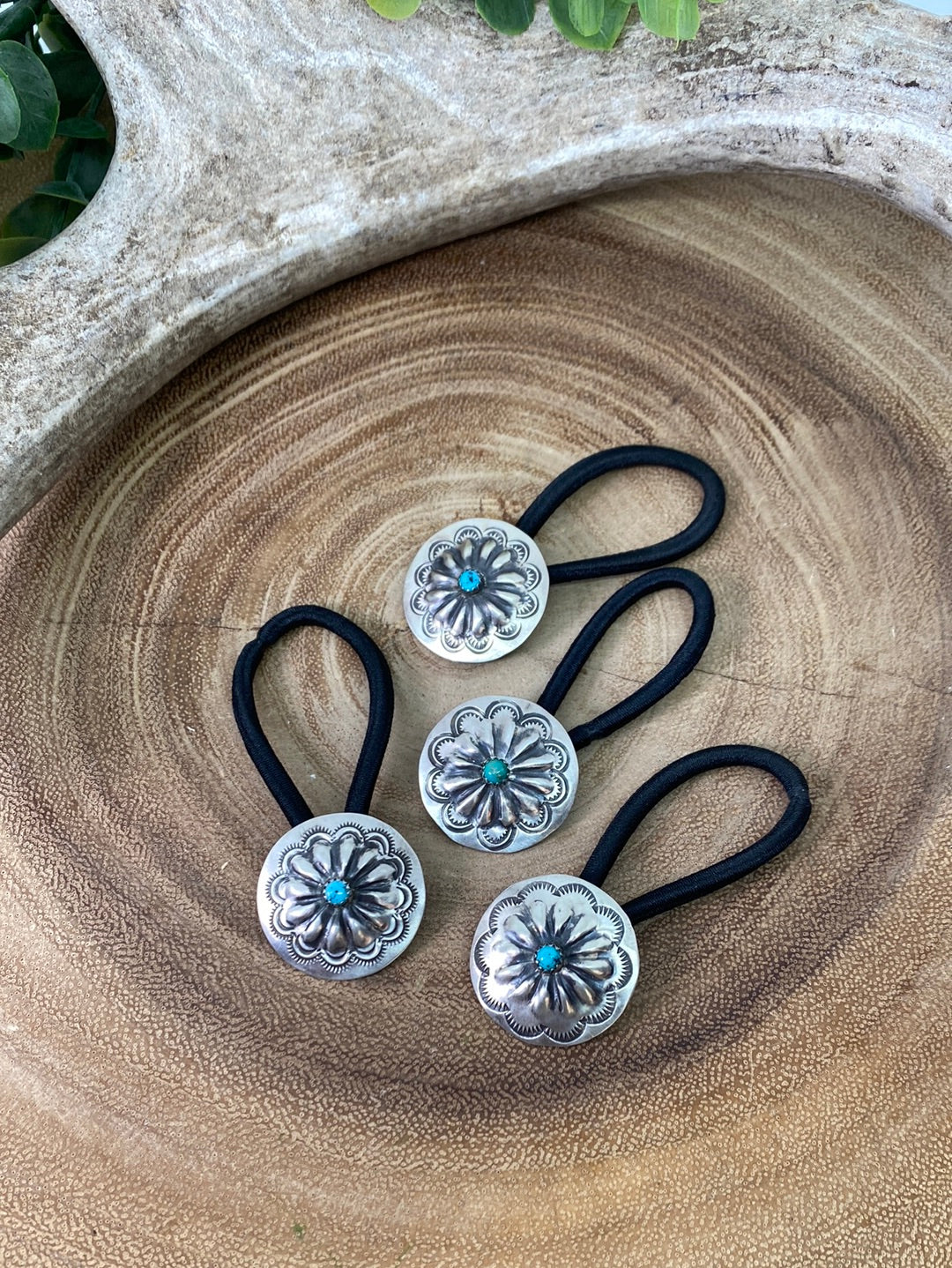 Bella Sterling Concho Hair Tie With Turquoise Center - 1.35"