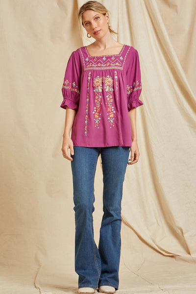 Half Sleeve Embroidered Square Neck Top