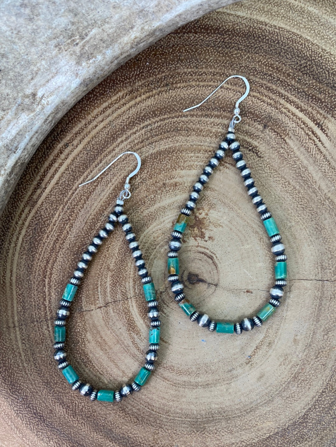 Grenadine Turquoise Cylinder Teardrop Earrings With Stamped & Varied Navajo Pearls - 3.5"