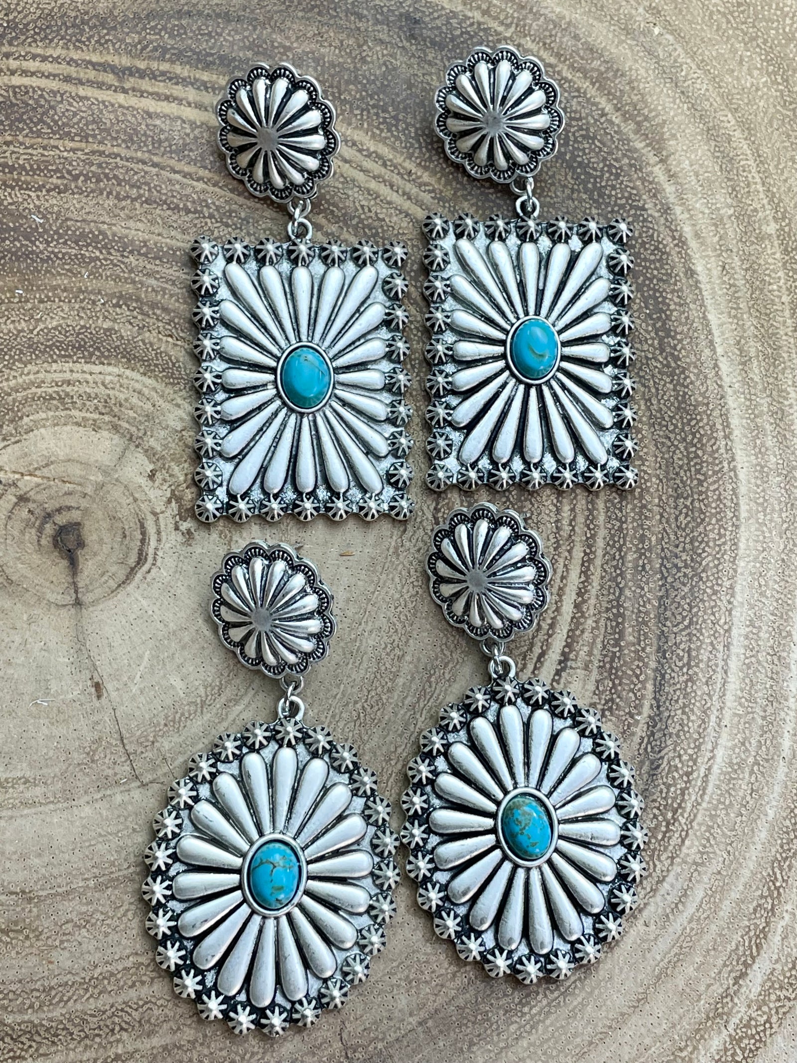 Brilliant Burst Double Concho Earrings - Turquoise