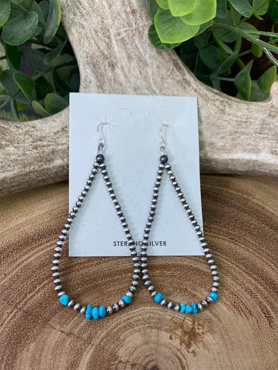 Gladys 3mm Navajo Teardrop Earrings With Tumbled Turquoise - 3.5"