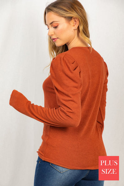 Solid Knit Puff Sleeve Rust Top