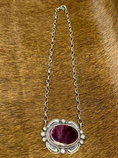 Fantasia Sterling Framed Purple Spiny Oval Necklace - 16"