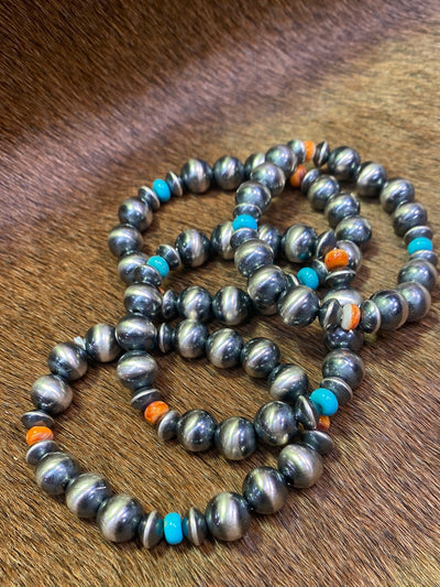 10mm Stretch Navajo Sterling Bracelet with Spiny Oyster & Turquoise - Oxidized