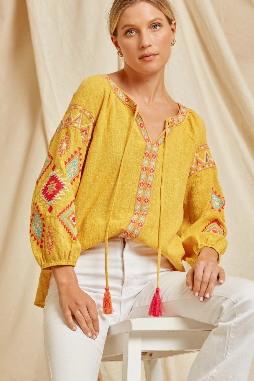 Baylee Bubble Sleeve Tassel Embroidered Blouse
