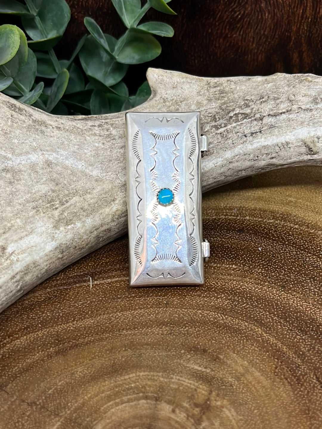 Beasley Stamped Sterling Pill Box With Turquoise Center Accent