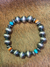 10mm Stretch Navajo Sterling Bracelet with Spiny Oyster & Turquoise - Oxidized