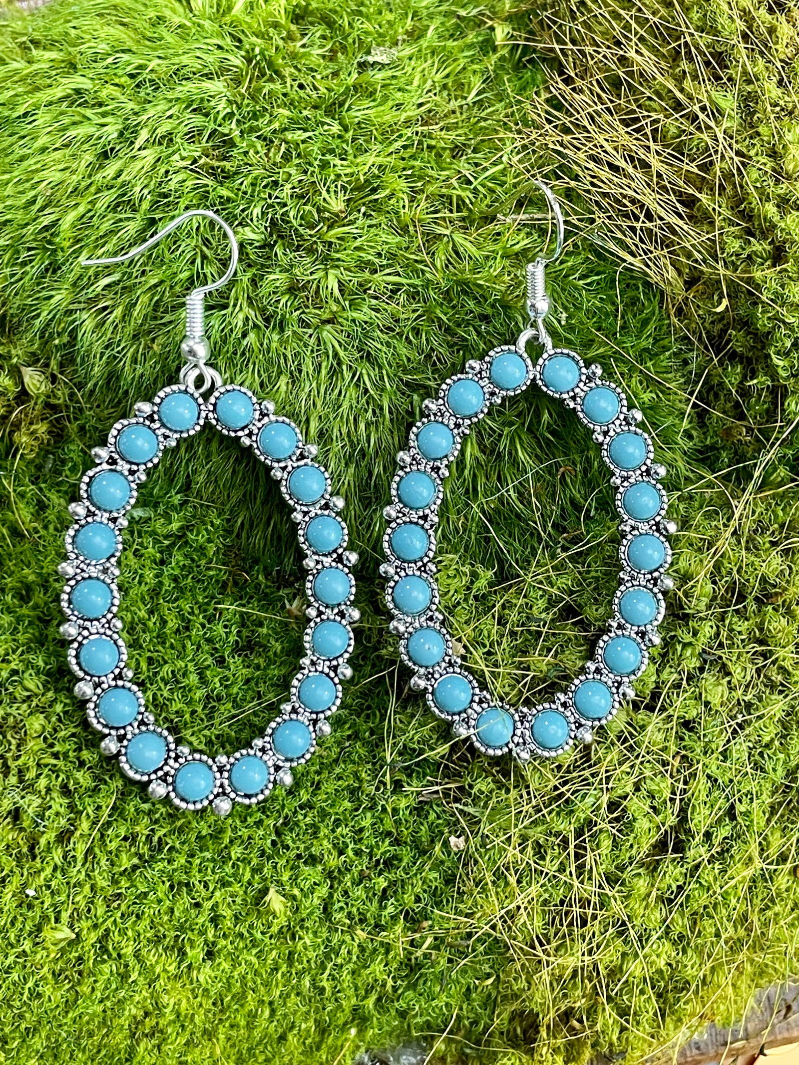 Tanner Fashion Round Stone Open Oval Fish Hook Earrings - Turquoise