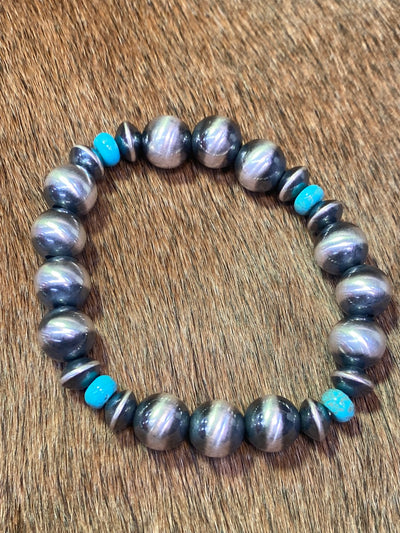 10mm Stretch Navajo Sterling Bracelet with Saucer Beads & Turquoise - Oxidized