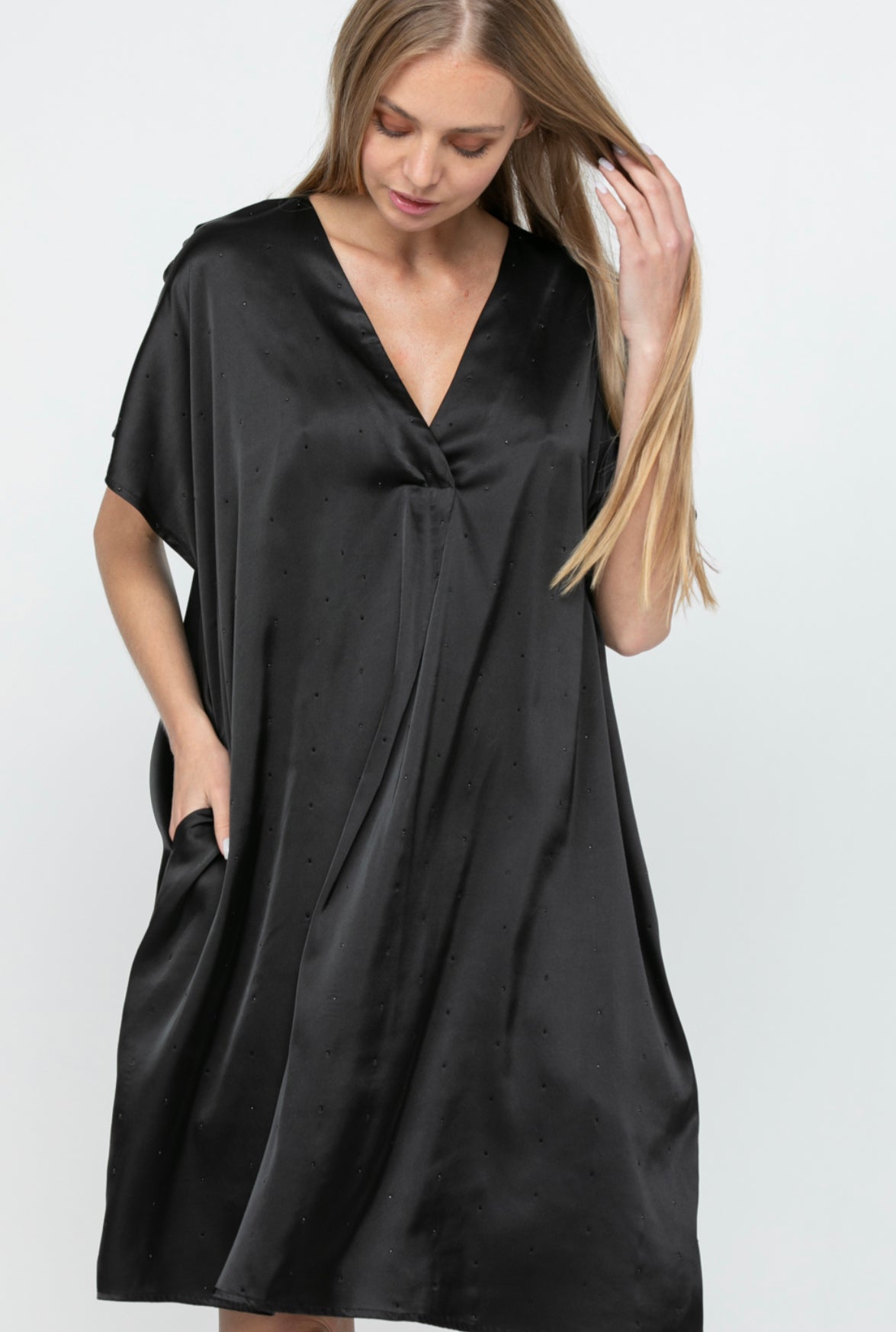 Olivia Satin Dress with Rhinestones & Pockets