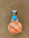 Stacked Turquoise & Carved Spiny Chief Sterling Pendant