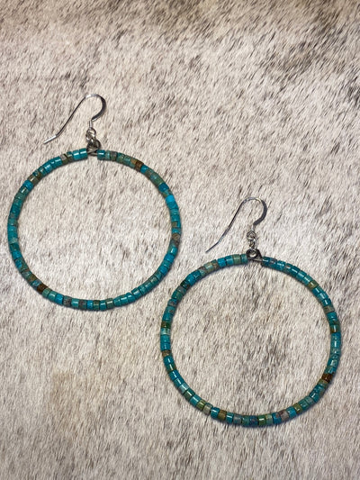 Brady Turquoise Cylinder Bead Hoop Earrings - 2"