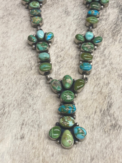 Eye Catching Sterling Turquoise Cluster Necklace Set