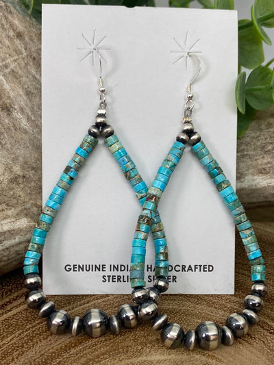 Izzy Turquoise Teardrop Earrings With Varied Navajo Beads & Saucers - 3.5"