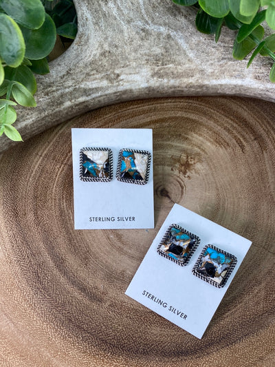 Luna Sterling Turquoise White Buffalo Mix Square Earrings