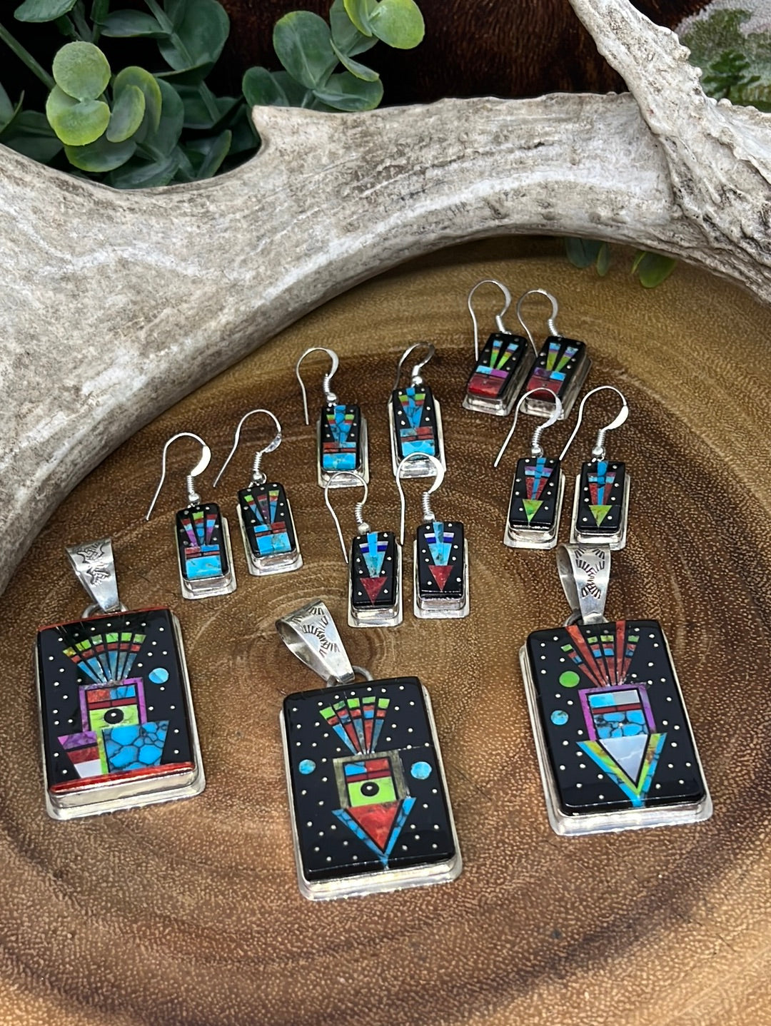 Sterling Rectangle Inlaid Fish Hook Earrings & Pendant