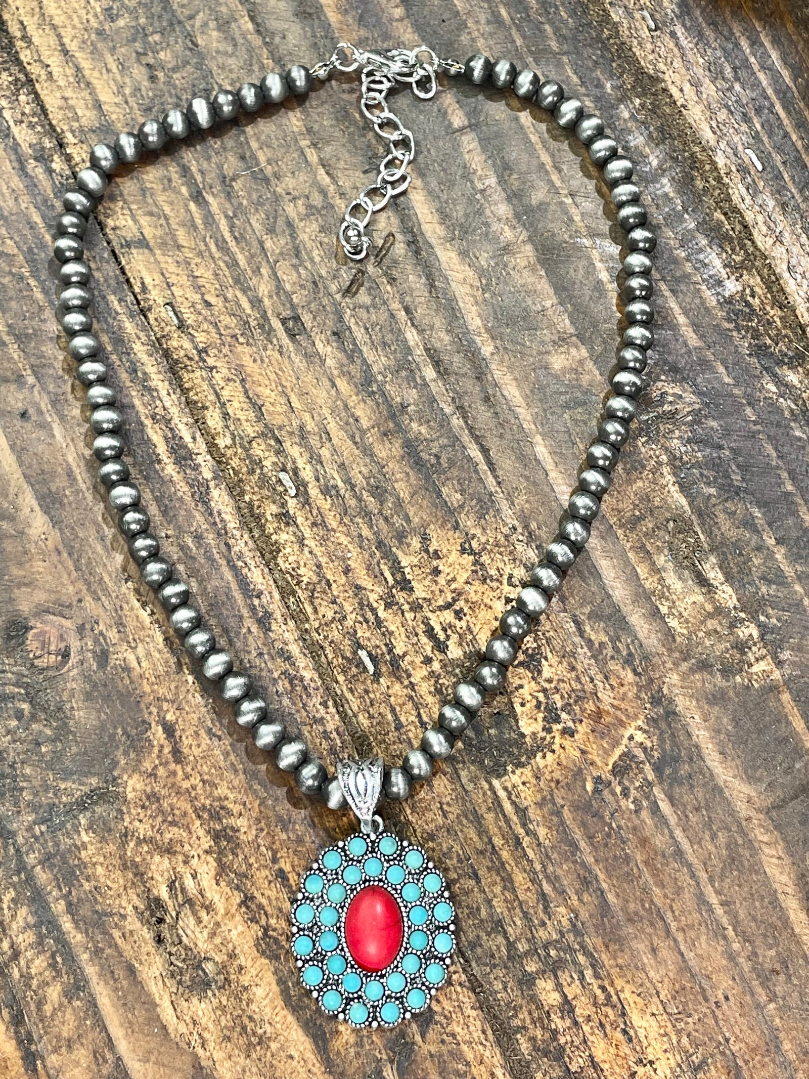 Denver Fashion Navajo Necklace With Coral & Turquoise Pendant - 16"