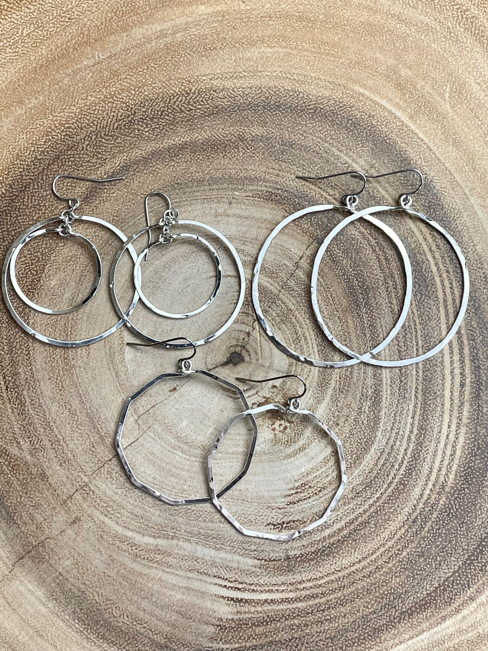 Hammered Geometric Hoop Earring - Silver