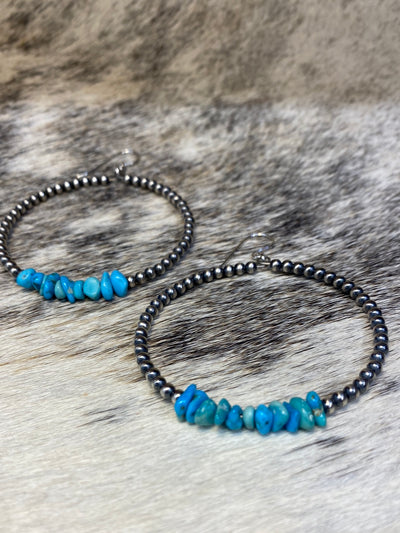 Blossom Sterling 3mm Navajo Hoop Earrings With Tumbled Turquoise - 2"