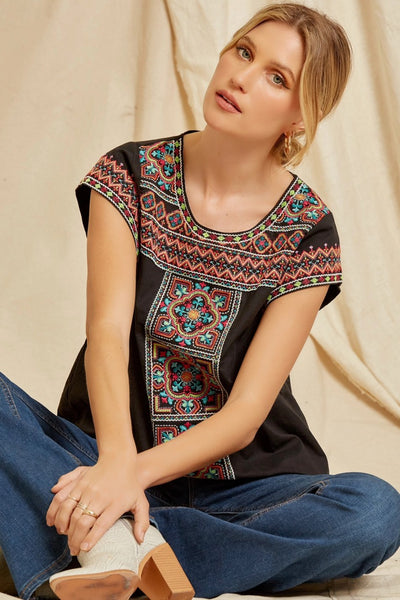 Aille Aztec Embroidered Cap Sleeve Top