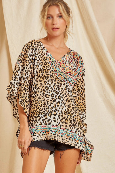Leopard Embroidered Poncho Fit Top