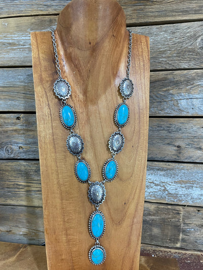 Santa Rosa Fashion Oval Concho & Turquoise Lariat Necklace & Earrings