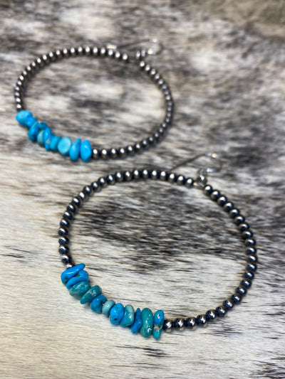 Blossom Sterling 3mm Navajo Hoop Earrings With Tumbled Turquoise - 2"