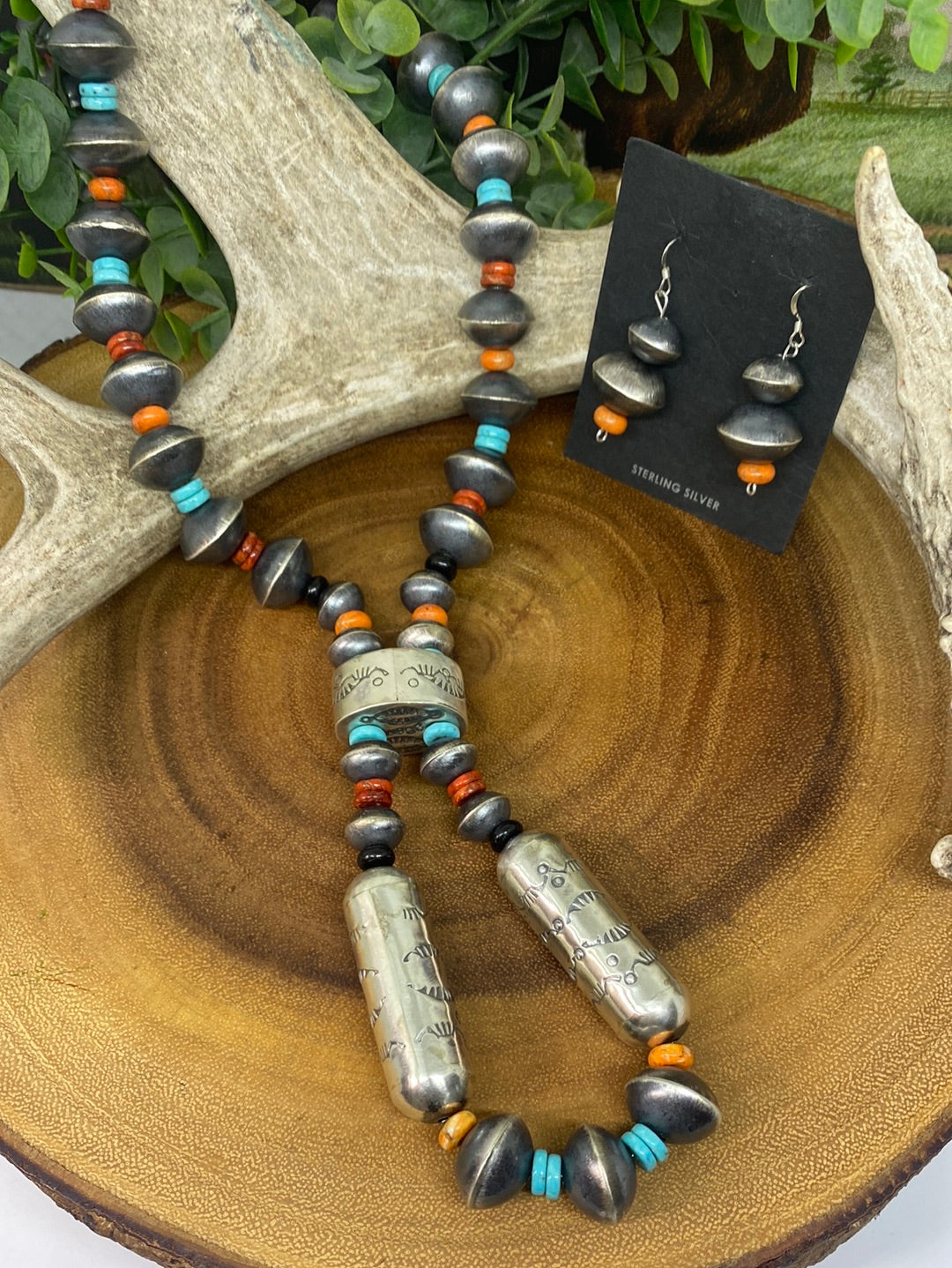 Zara Sterling Silver Barrel Bead Statement Necklace & Earrings