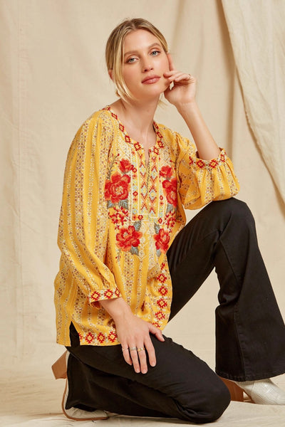 Marti Marigold Floral Embroidered Blouse