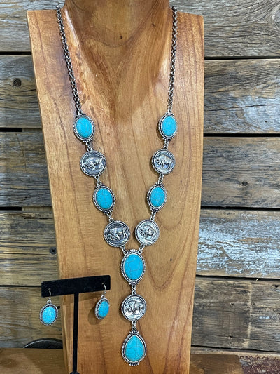 Stockton Fashion Buffalo Coin with Turquoise Lariat Necklace