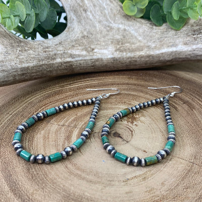 Grenadine Turquoise Cylinder Teardrop Earrings With Stamped & Varied Navajo Pearls - 3.5"