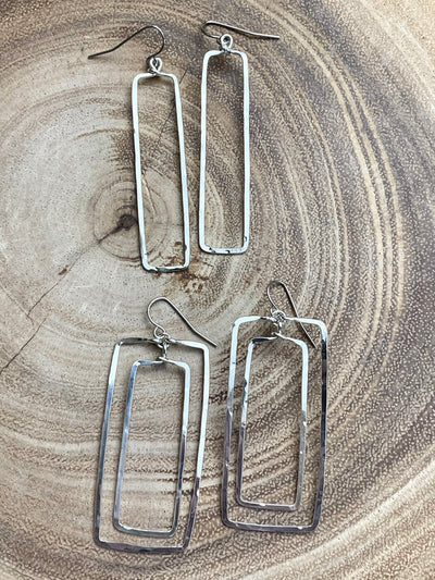 Hammered Geometric Rectangle Earring - Silver