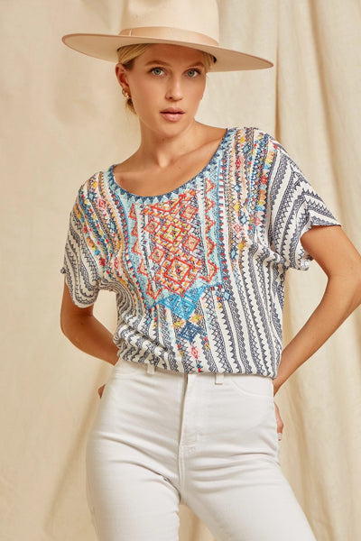 Ivory Navy Tribeca Embroidered Top