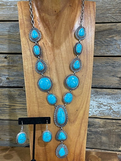 Seabrook Fashion Silver Framed Turquoise Lariat Necklace & Earrings
