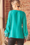 Embroidered Teal Tassel Tie Blouse