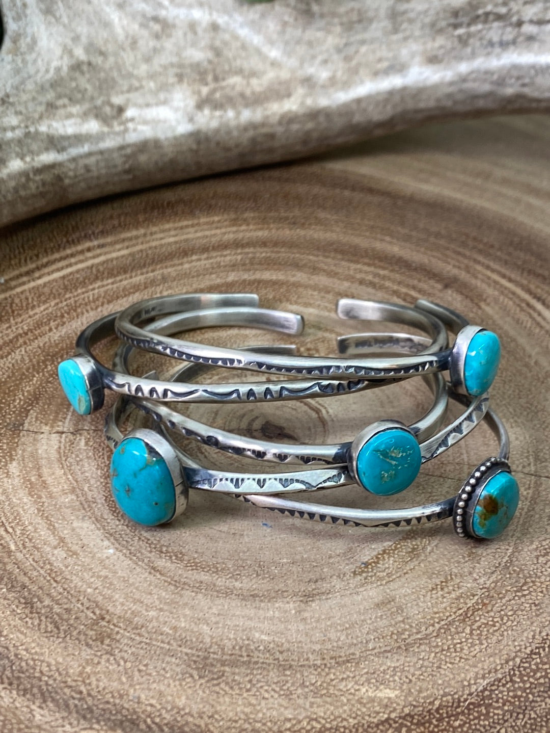 Haverty Slim Stamped Off Center Turquoise Cuff