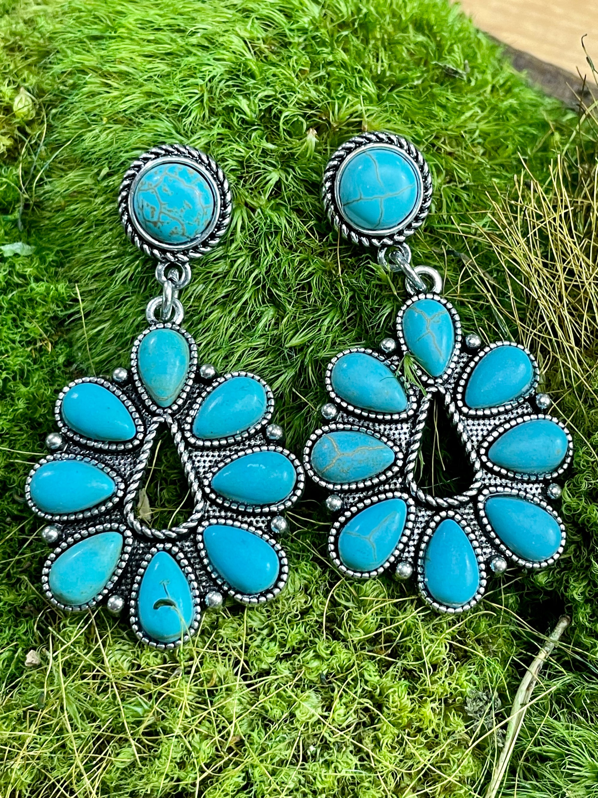 Elise Fashion Round Stone Post Teardrop Earrings - Turquoise