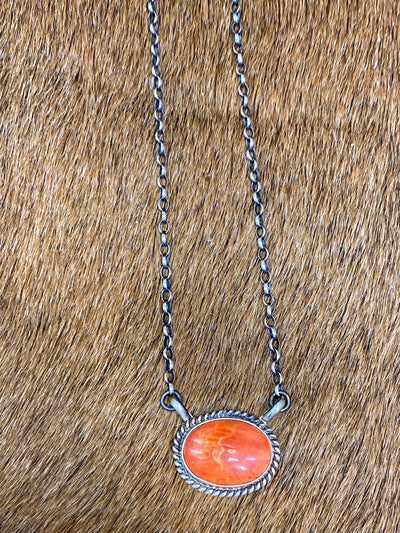 Sunset Roped Sterling Red Spiny Oval Necklace - 16"
