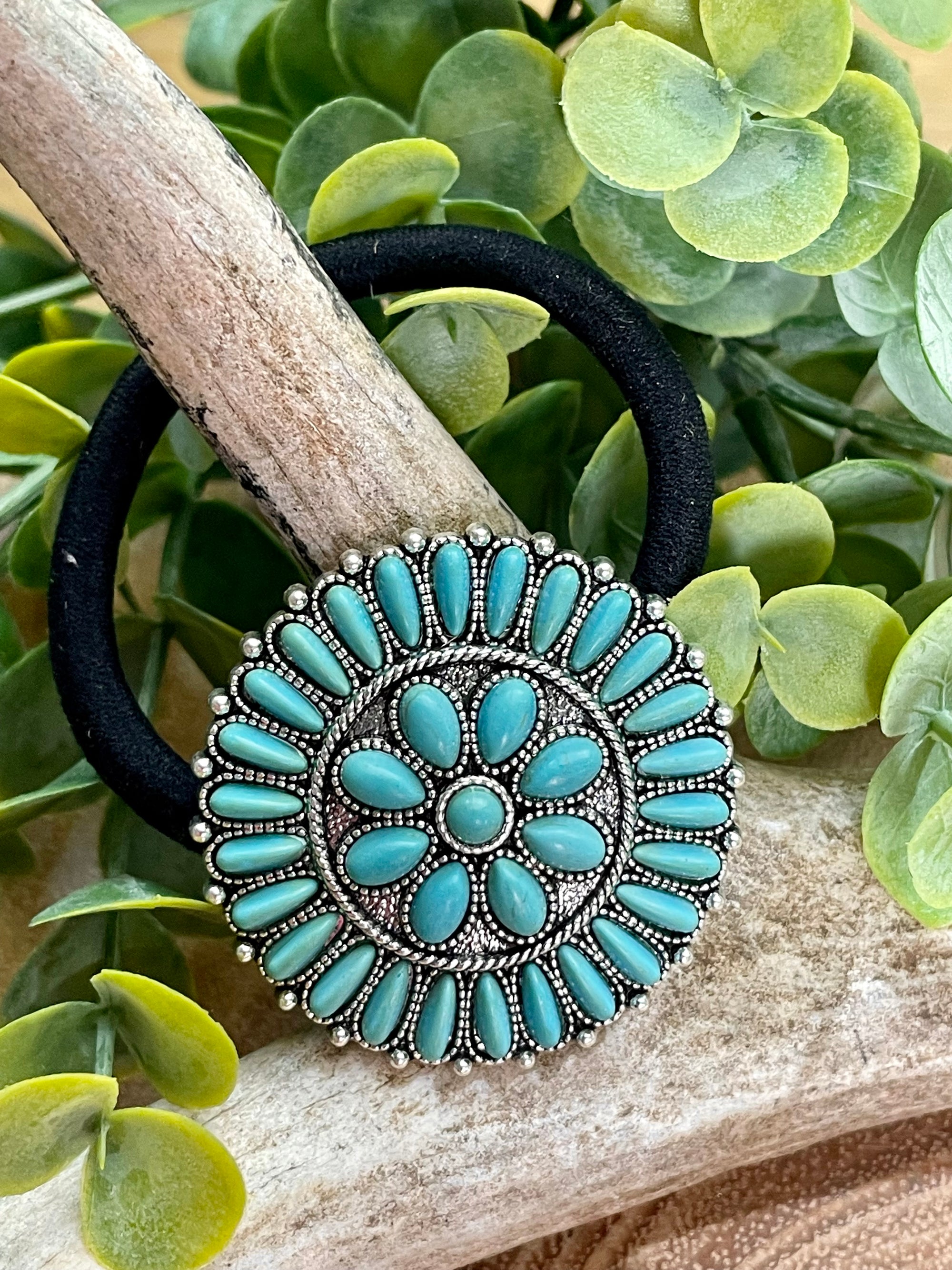 Cushing Round Zuni Inspired Cluster Hair Tie - Turquoise