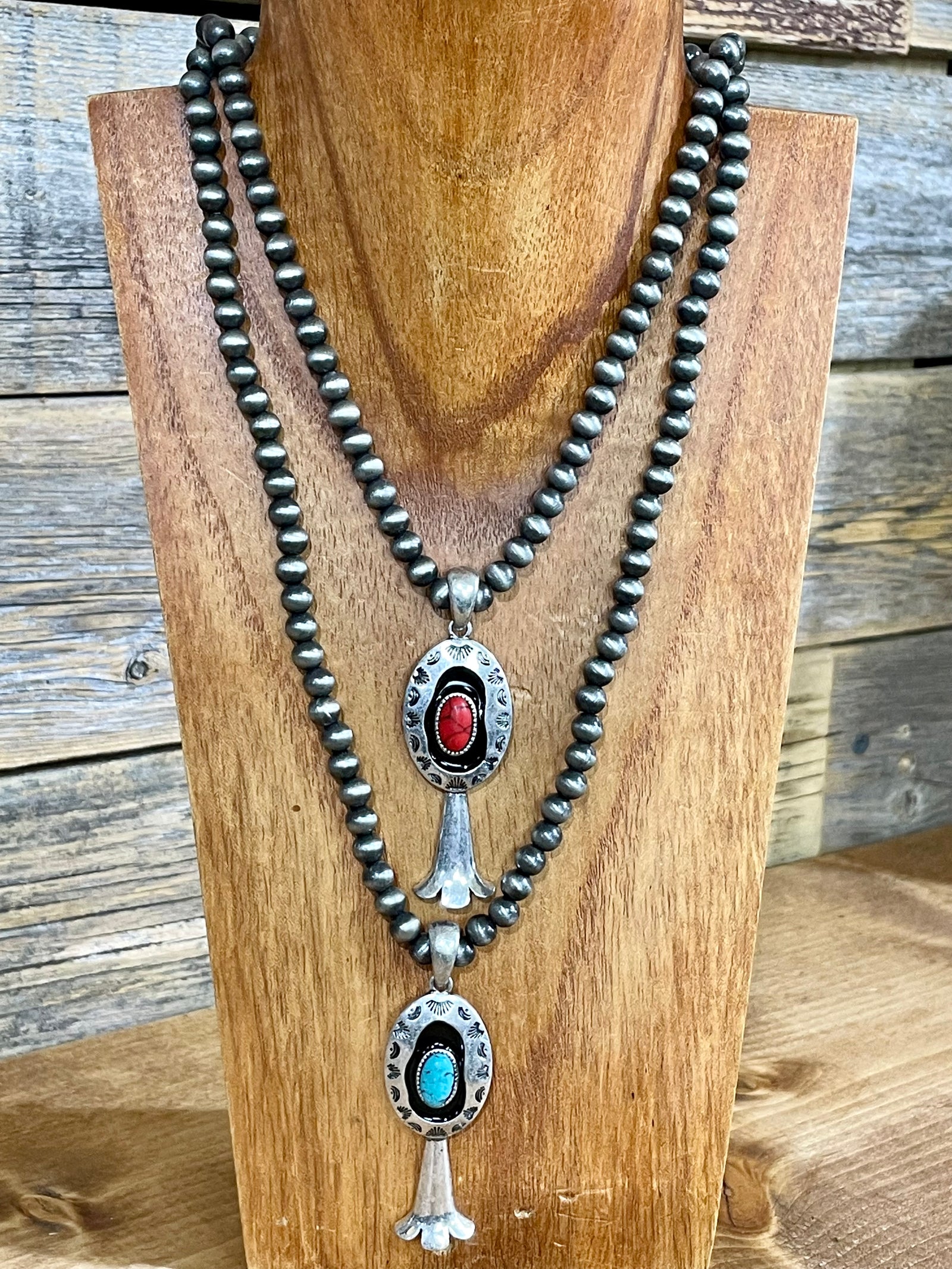 Fashion 6mm Navajo Necklace With Oval Stone Flute Blossom Pendant