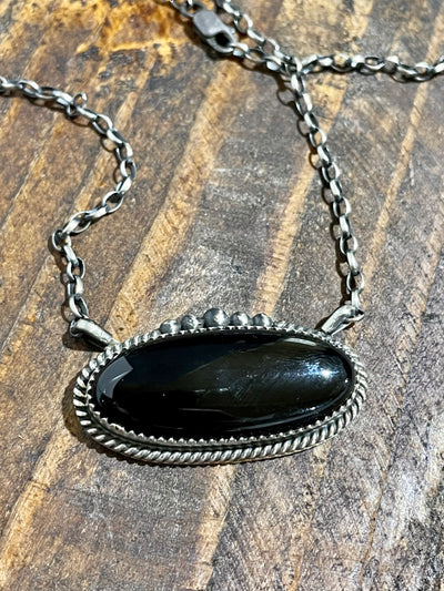 Gloria Sterling Link Chain With Roped Oval Onyx Pendant