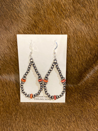Juniper Navajo Teardrop Earrings With Stamped & Red Spiny Beads - 2.7"
