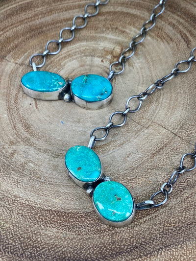 Infinity Sterling Link Chain With Double Stone Pendant - Turquoise