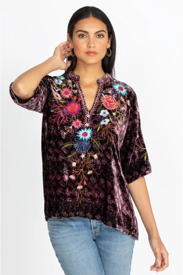 Johnny Was Ulla Velvet Easy V Neck Blouse Accessorize In Style