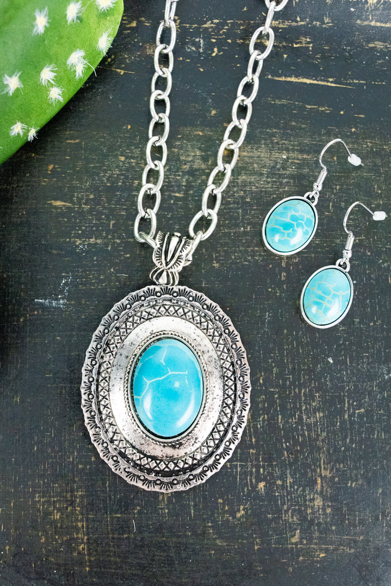 Lucinda Fashion Link Chain With Framed Turquoise Pendant & Earrings