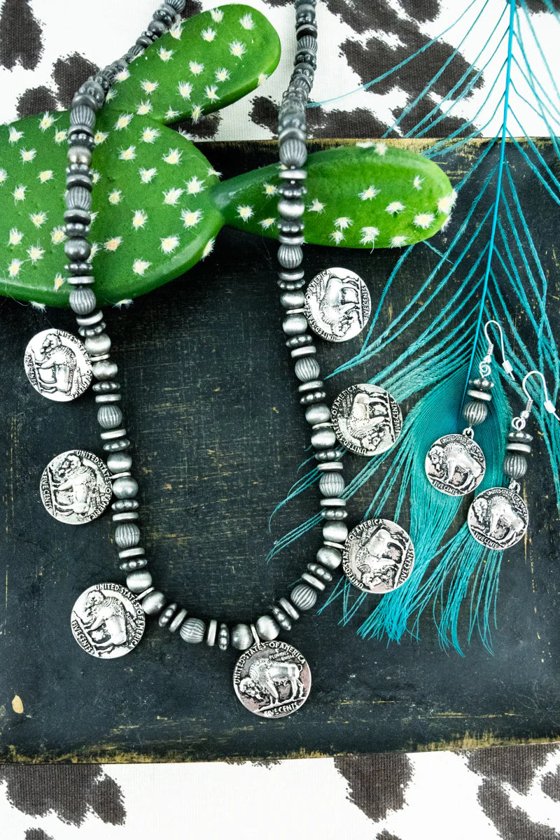 Genevieve Fashion Bead & Buffalo Coin Necklace, Earrings & Bracelet