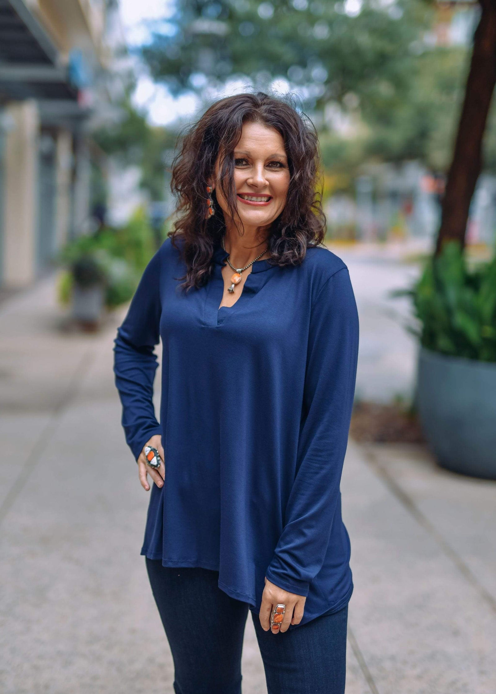 Sew In Love Casual Long Sleeve V Neck Blouse-Navy