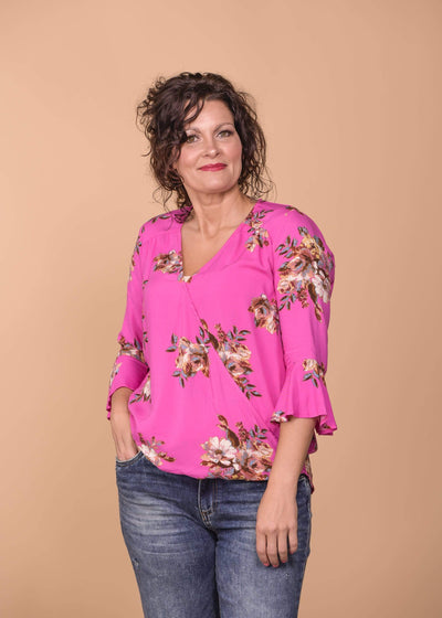 Staccato Dressy Wrap Front Floral Print Blouse - Turquoise & Fuschia